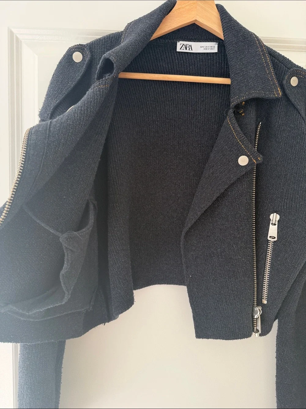 Zara Black Cropped Knit Moto Jacket with Silver Hardware